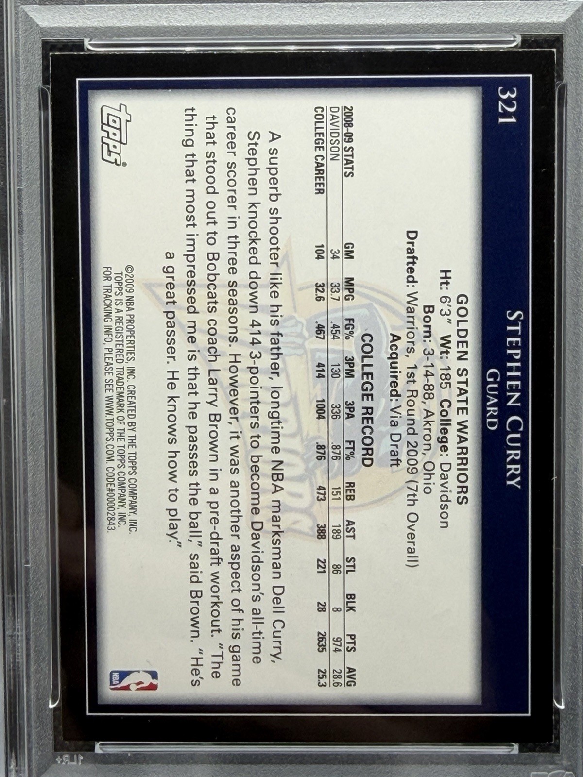 2009 TOPPS #321 STEPHEN CURRY ROOKIE RC PSA 8 Warriors view 3