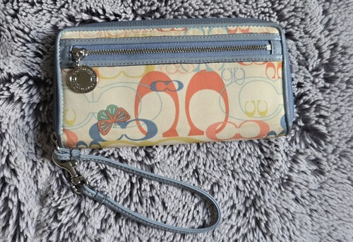 Coach Optic Signature Butterfly Art Lurex Fabric & Blue Leather Trim Long Wallet