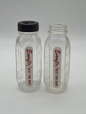 2x Vintage Miniature Evenflo Glass Baby Bottle 3" Sample Doll Size Red Logo USA