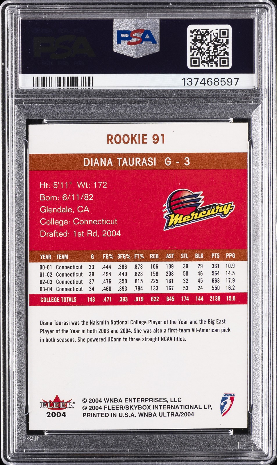 2004 FLEER ULTRA WNBA #91 DIANA TAURASI ROOKIE RC PSA 8 view 2