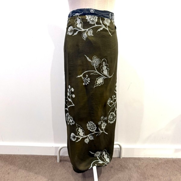 Scorch Size 10 12 14 OS S M L Green Silk Had Painted Wrap Midi Skirt