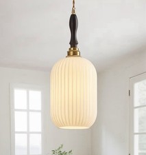Modern Milk Glass Pendant Light White Ribbed Brass Hanging Lamp 7.8