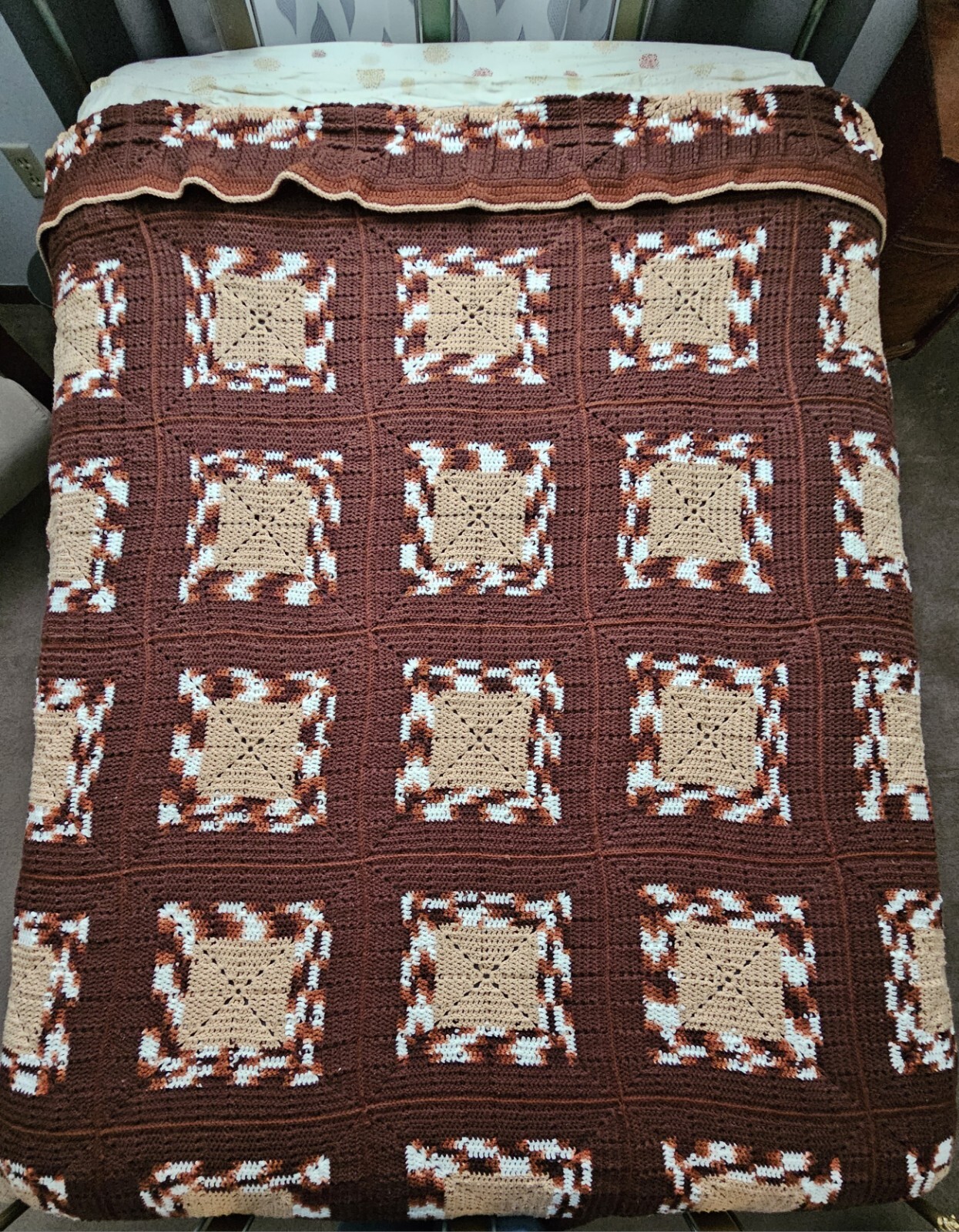  Afghan Crocheted Heavy Hand Crafted Browns Blanket 80"×83" Granny Cottage Core