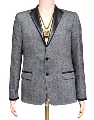 Versace Collection Grey Jacket with Black Leather Collar 48 - 38