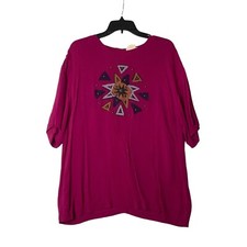 Vtg INFO Women's Aztec Metallic Accents Blouse Top Magenta USA Made Cotton Blend