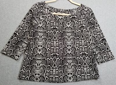 Rafaella Studio Top Womens Large L Black White Snakeskin Print ¾ Sleeve Boatneck