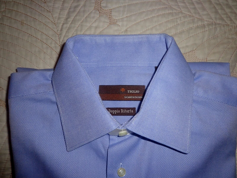 TIGLIO Luxe Dress Shirt Men's Blue French Cuff Made Italy 16/34 100% Cottone - Image 2 of 4