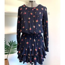 EUC CHELSEA SKY Black Floral Print Boho Layer Ruffle Dress Women's L Large