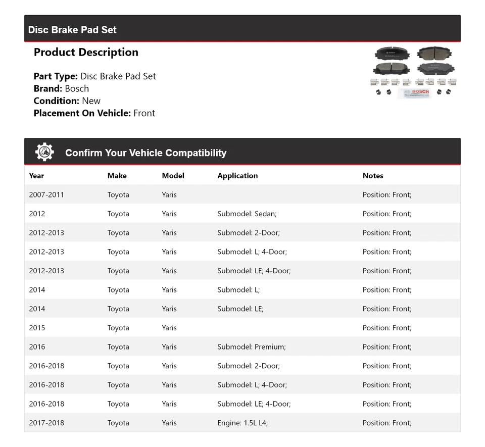 Pastillas de freno delanteras de cerámica QuietCast 2008 2009 para Toyota Yaris Bosch 2007-2018 Foto 2 de 4