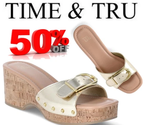 Time and Tru Women's SIZE 8 Buckle Cork Platform Sandals Color Gold NEW - Picture 1 of 15