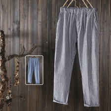 Women Striped Linen Cotton Harem Pants Loose Tapered Trousers Drawstring Casual