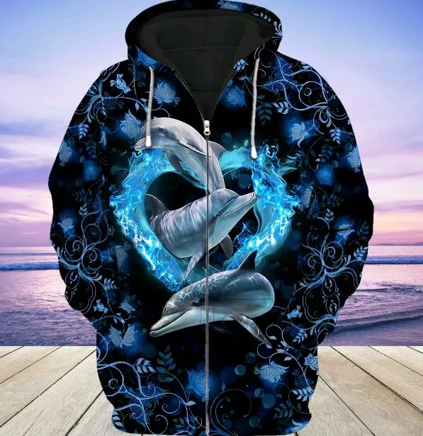 Dolphin Love Ocean Gift Zipper Hoodie 3D Hoodie All Over Print