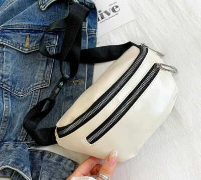 Damen Gürteltasche Leder Bauchtasche Weiße Hüfttasche Glänzende Tasche - Bild 1 von 4