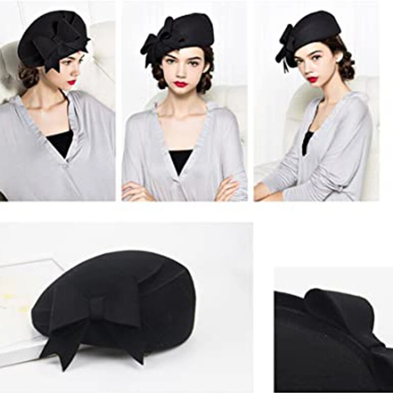 100% Wool Beanie Hat French Dress Beret Winter Hat Vintage Fascinator Hats Black - Image 3 of 4