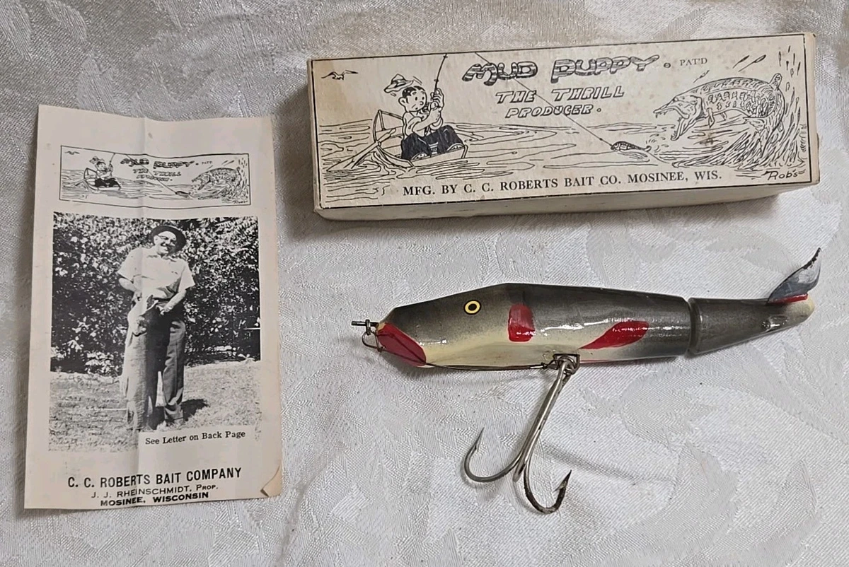 C.C. Appât en bois vintage pour chiot boue Roberts yeux en