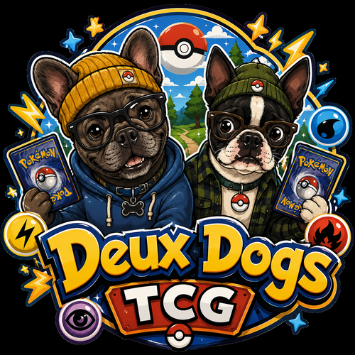 Two French bulldog characters in stylish urban clothing with Pokémon logo cards, text “Deux Dogs” and “TCG” at bottom.