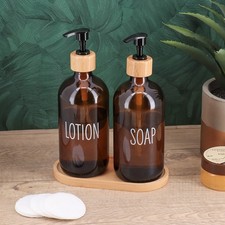 Amber Glass Soap Lotion Dispenser Set Bamboo Tray Bathroom Kitchen 16.9 oz