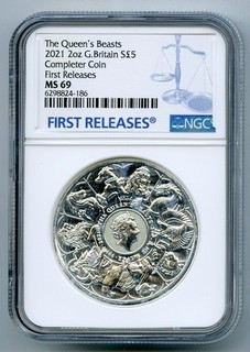 2021 GRAN BRETAGNA 2 OZ ARGENTO NGC MS69 QUEEN'S BEASTS MONETA COMPLETA EX SPESSO