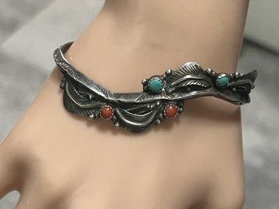 Marie Dale Native American Sterling Coral Turquoise Bangle 6 Inches Diameter