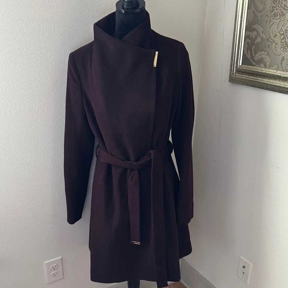 MICHAEL Michael Kors Asymmetrical belted wool merlot coat Sz M - Image 4 of 4