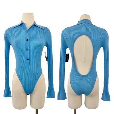Dodo Bar Or Gabi Bodysuit Ribbed-Knit Open-Back Turquoise | Size 42 (US4-6) NWT 