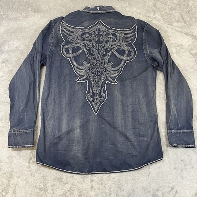 Roar Button Up Shirt Embroidered Blue Long Sleeve Geometric Men s XL Affliction