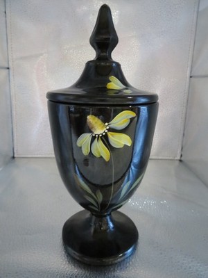 Fenton Glass glossy Black Handpainted Midnight Garden Covered Candy-SIGNED