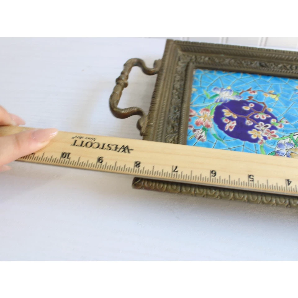 Vintage Antique Enamel Tile Bronze Brass Ornate Tray with Handles | Butterfly - Image 4 of 4