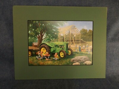 JOHN DEERE TRACTOR ART by CHARLES FREITAG - THE BARN RAISING - MATTED 11'' X 14''