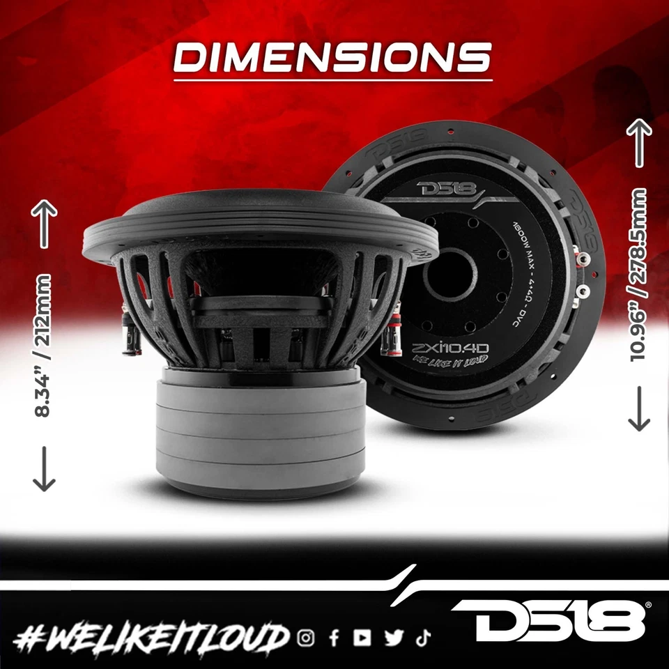 DS18 ZXI10.4D ZXI Alta Excursión 10" Subwoofer Coche 1600W Dvc 4-Ohm 4 Imanes Foto 4 de 4