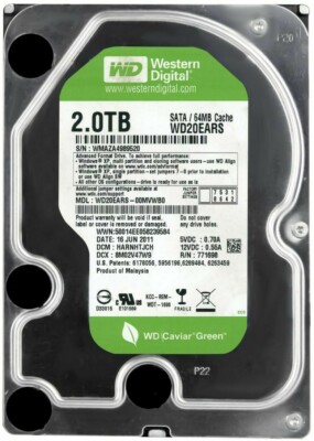 FESTPLATTE WESTERN DIGITAL 2TB GREEN WD20EARS SATA II 64MB 7200U/min 3.5''
