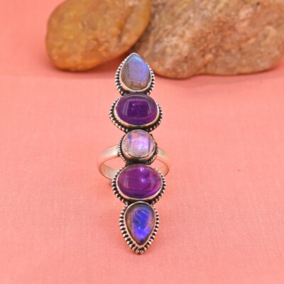 Labradorite, Amethyst, Moonstone Gemstone 925 Sterling Silver Ring All Size D-5