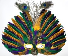 Feathery Half Face Mask w/ Peacock Feathers Masquerade Mardi Gras Costume Party