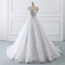 Luxury Princess V Neck Wedding Dresses Lace Applique Beading Crystal Bride Gowns