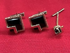 VTG SET CUFF LINKS  MATCHING TIE TAC GOLD TONE W  BLACK ONYX 