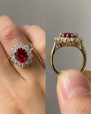 Ct Oval Cut Real Ruby Diamond Engagement Ring 14K Solid Yellow Gold 