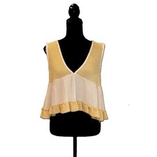 NWT POL Mixed Media Tank Top Yellow Cream Waffle Knit Gauze Ruffle Boho Medium
