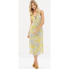 Bardot Floral Midi Dress Womens 8/M Yellow Lace Up Boho Summer Tropical V-Neck