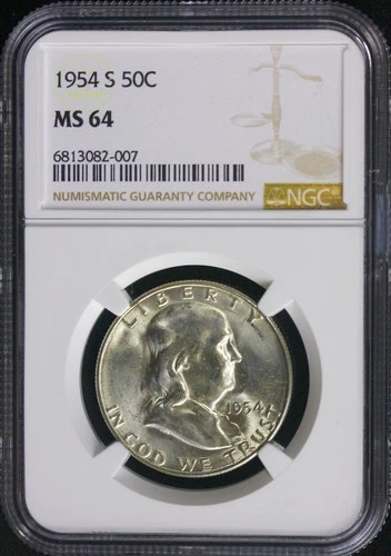 1954-S 50C Franklin  Silver Half Dollar NGC Certified MS-64