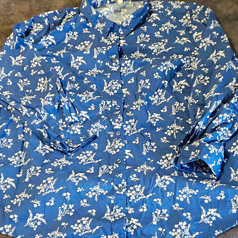 Woman Within Women's Blue White Floral Button-Front Collared Blouse 3X