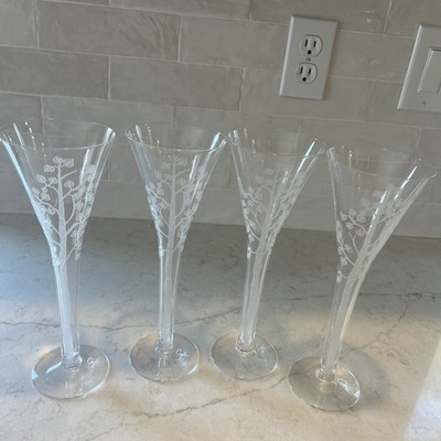 4 Beautiful PERRY COYLE Artist Signed Champagne Flutes Crystal Tree W Leaves