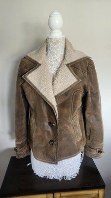 VTG Guess Womens Leather And Shearling Coat Button Up Sz L  Cowgirl Chic