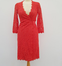 DIANE VON FURSTENBERG Red, Lace, Wrap Over Dress UK8