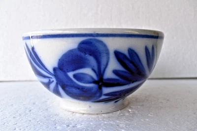 Antik Mouzin Lecat Nimy Belgium Fayence Blau Blumen Cafe Schale 14cm Selten " R1 - Bild 1 von 4