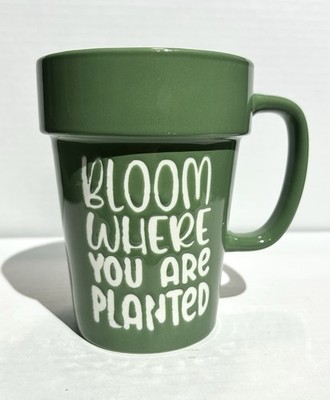 True Living Mug Cup Bloom Where You Are Planted Green Ceramic 16 oz 