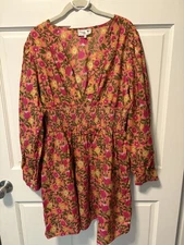 Mille Resort Claudia Pink Floral Cotton Smocked Dress Women Size Xl X-large