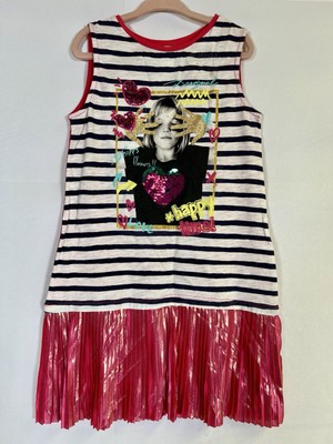 Desigual Girls 5/6 Colorful Cotton Dress Pink Print Stripes Sequins