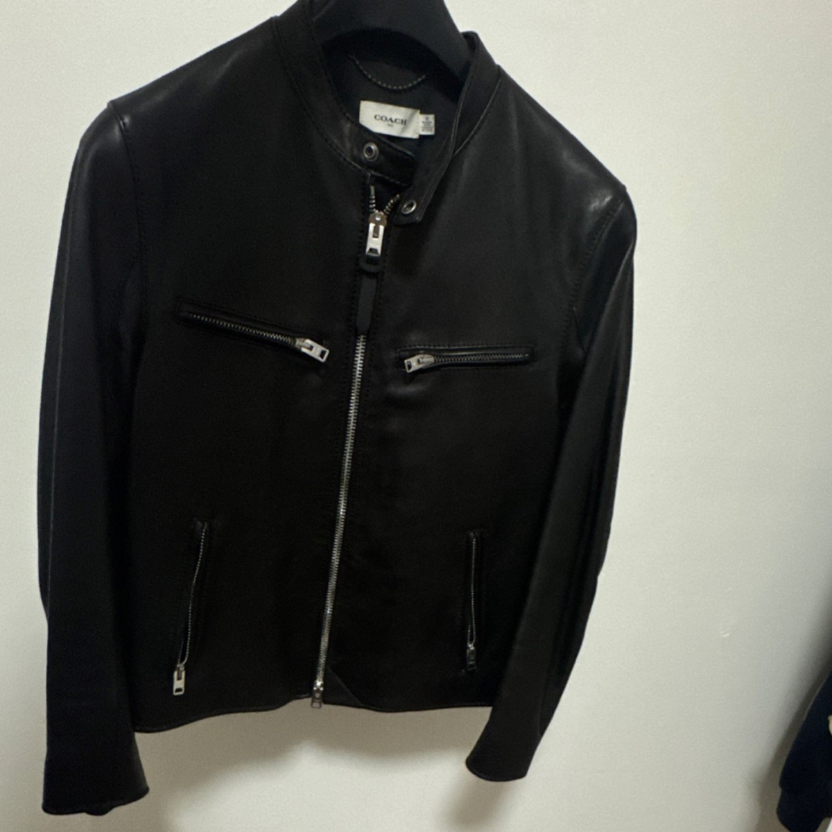 Coach Men's Black Leather Biker Jacket with Zipper Accents and
