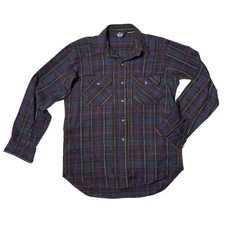 VINTAGE WOOLRICH NAVY BLUE PLAID FLANNEL BUTTON UP SHIRT MEN’S L/LARGE RETRO