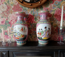 Pair 14” Large Chinese Porcelain Vase Musicians Women Boat Famille Rose Style